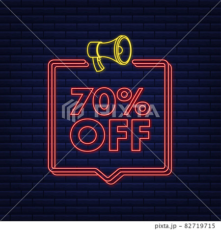 70 percent OFF Sale Discount neon banner with megaphone. Discount offer price tag. 70 percent discount promotion flat icon with long shadow. Vector illustration. 70 percent OFF Sale Discount neon banner with megaphone. Discount offer price tag. 70 percent discount promotion flat icon with long shadow. Vector illustration. 82719715