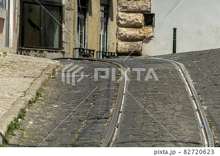 Lisbon Cable Car traditional trolley tracks 82720623