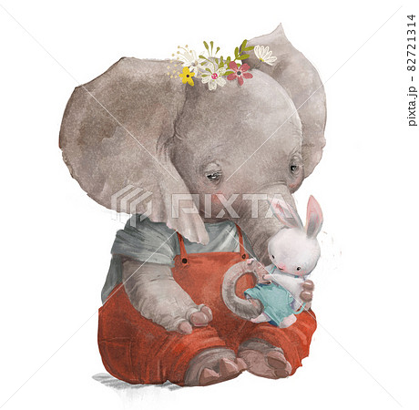 cute elephant with little hare 82721314