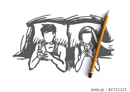 Couple, bed, smartphone, addicted concept. Hand drawn isolated vector. 82722125
