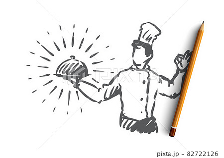 Chef, pot, meal, restaurant concept. Hand drawn isolated vector. 82722126