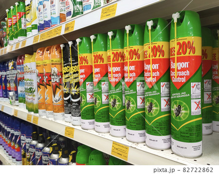 PENANG, MALAYSIA -MARCH 5, 2021: Selective focused on aerosol insecticides cans and displayed on shelves for sale in the supermarket. Separated by the brand to facilitate buyers. PENANG, MALAYSIA -MARCH 5, 2021: Selective focused on aerosol insecticides cans and displayed on shelves for sale in the supermarket. Separated by the brand to facilitate buyers. 82722862