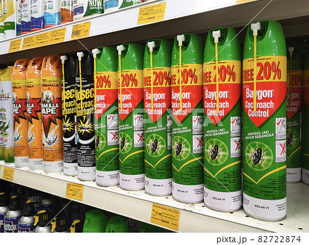 PENANG, MALAYSIA -MARCH 5, 2021: Selective focused on aerosol insecticides cans and displayed on shelves for sale in the supermarket. Separated by the brand to facilitate buyers. PENANG, MALAYSIA -MARCH 5, 2021: Selective focused on aerosol insecticides cans and displayed on shelves for sale in the supermarket. Separated by the brand to facilitate buyers. 82722874