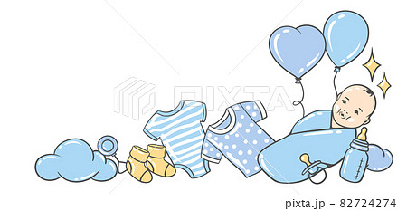 Happy Birthday greeting and invitation card. Holiday baby boy shower celebration simbols. Happy Birthday greeting and invitation card. Holiday baby boy shower celebration simbols. 82724274