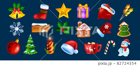 Christmas game UI icon set, vector x-mas winter holiday symbol kit, New Year cartoon design elements 82724354