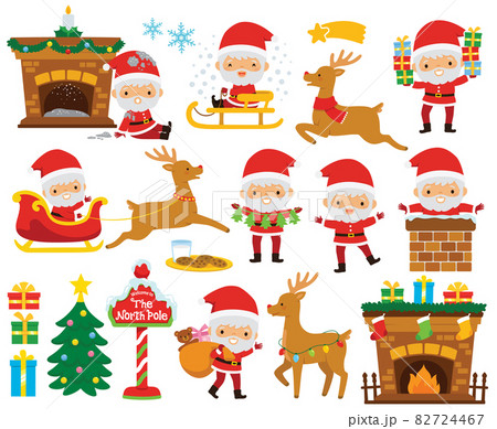 Christmas clipart set with Santa Claus in various poses, reindeer, Christmas tree, sled and other holiday symbols. 82724467