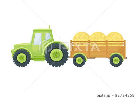 Tractor with trailer transporting hay, industrial vehicle agricultural transport flat vector illustration Tractor with trailer transporting hay, industrial vehicle agricultural transport flat vector illustration 82724559