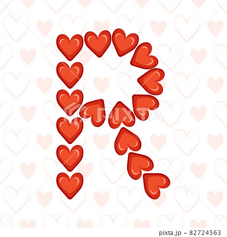 Letter R from red hearts on seamless pattern with love symbol. Festive font or decoration for valentine day, wedding, holiday and design 82724563