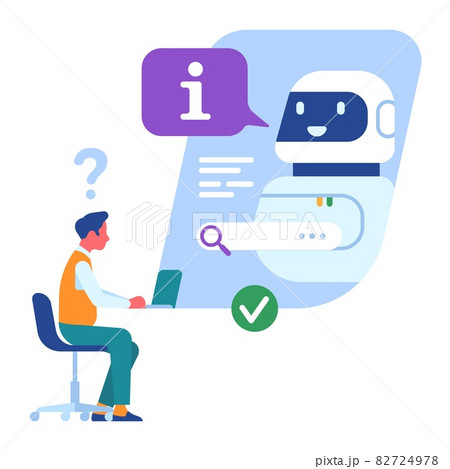 Customer support service. Call center worker or hotline operator with robot in chatbot. Man asks questions to digital assistant. Aid web help. Vector artificial intelligence assistance Customer support service. Call center worker or hotline operator with robot in chatbot. Man asks questions to digital assistant. Aid web help. Vector artificial intelligence assistance 82724978
