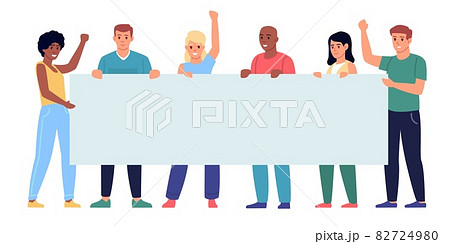 People holding banner. Different characters group holds in hands empty horizontal banner, socially active demonstrators, characters together with blank placard, vector concept 82724980