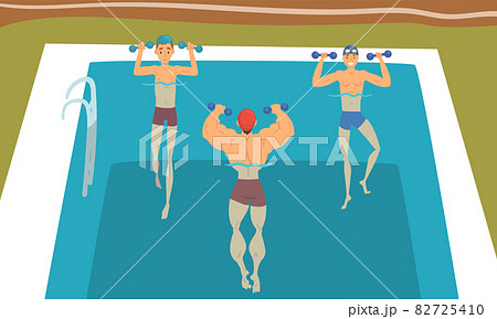 Young Man and Boy with Dumbbells in Swimming Pool Doing Physical Exercise Vector Set 82725410