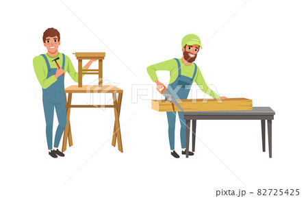 Professional Man Carpenter in Overall Hammering Nail and Sawing Wooden Block Vector Set Professional Man Carpenter in Overall Hammering Nail and Sawing Wooden Block Vector Set 82725425