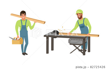 Professional Man Carpenter in Overall Working with Wooden Plank and Block Vector Set Professional Man Carpenter in Overall Working with Wooden Plank and Block Vector Set 82725426