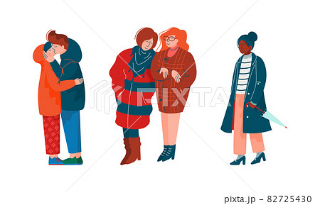 People Character Walking Along the Street in Spring Season Vector Illustration Set 82725430