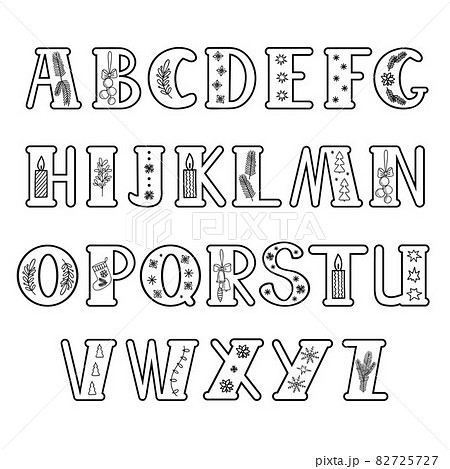 Capital hand drawn black letters of English alphabet decorated for Christmas doodle style outline vector illustration, calligraphic abc, cute funny handwriting, contour lined art and lettering Capital hand drawn black letters of English alphabet decorated for Christmas doodle style outline vector illustration, calligraphic abc, cute funny handwriting, contour lined art and lettering 82725727