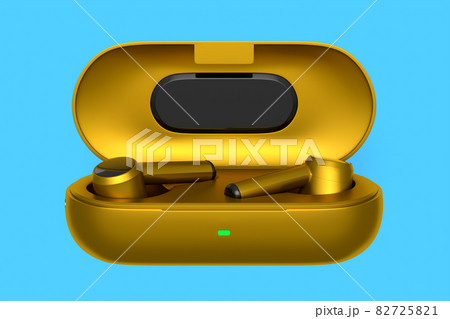 3D rendering of wireless yellow earphones in base box on blue background. Concept of headphones for workouts or listening streaming services 82725821