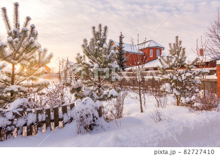 Calm Rustic winter landscape countryside at sunset 82727410