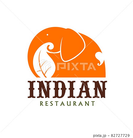Indian restaurant icon of elephant, India cuisine food and traditional chef kitchen menu vector sign. Indian cuisine curry food or vegan and vegetarian meals emblem of orange elephant with spices Indian restaurant icon of elephant, India cuisine food and traditional chef kitchen menu vector sign. Indian cuisine curry food or vegan and vegetarian meals emblem of orange elephant with spices 82727729