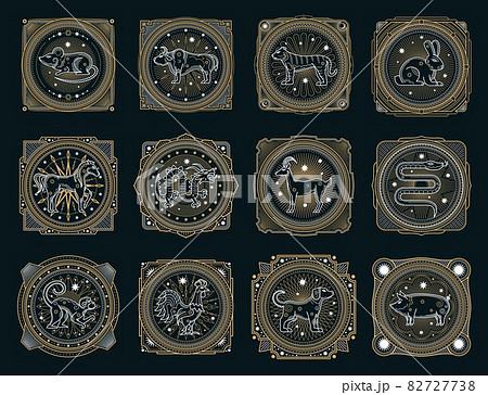 Chinese horoscope occult symbols with vector zodiac animals, signs of astrology calendar and Lunar New Year. Horse, pig, rat and tiger, monkey, snake, dog and dragon, ox, rabbit, rooster and goat Chinese horoscope occult symbols with vector zodiac animals, signs of astrology calendar and Lunar New Year. Horse, pig, rat and tiger, monkey, snake, dog and dragon, ox, rabbit, rooster and goat 82727738