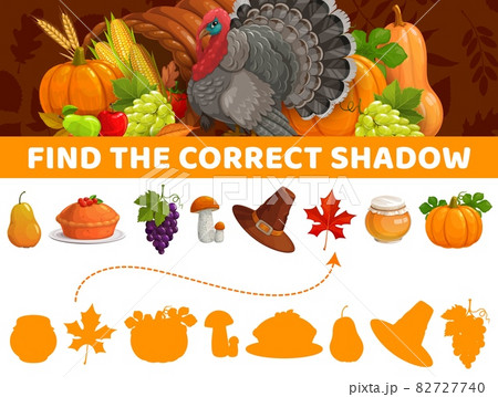 Find correct shadow, Thanksgiving autumn items, vector kids game or tabletop riddle. Find and match same silhouette of Thanksgiving pumpkin, apple pie, mushroom and honey, cartoon board game puzzle 82727740