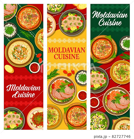 Moldovan food, Moldavian cuisine banners or menu with traditional lunch dishes and dinner meals, vector. Moldavian or Moldovan food meat goulash, chicken, dumplings and noodles, Eastern Europe cuisine Moldovan food, Moldavian cuisine banners or menu with traditional lunch dishes and dinner meals, vector. Moldavian or Moldovan food meat goulash, chicken, dumplings and noodles, Eastern Europe cuisine 82727746