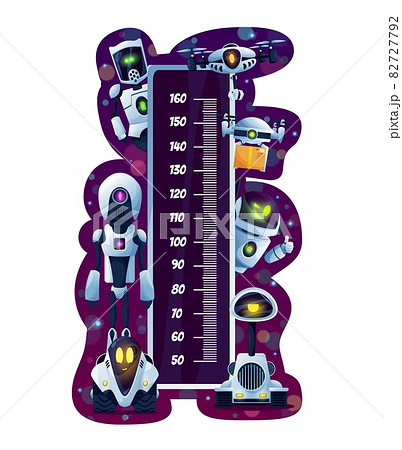 Kids height chart or growth measure meter with cartoon robots and drones. Vector wall meter ruler scale of children growth indicator with white android bots and artificial intelligence Kids height chart or growth measure meter with cartoon robots and drones. Vector wall meter ruler scale of children growth indicator with white android bots and artificial intelligence 82727792