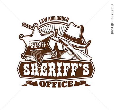 Sheriff office icon, marshal or Wild West lawman retro emblem. Vector cowboy or rodeo hat, United States of America sheriff star badge and old rifle gun. USA law enforcement agency vintage icon 82727804