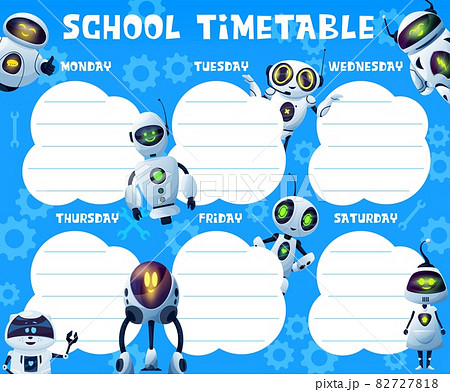 Timetable with androids and robots, school education vector schedule, timetable, weekly planner or study plan. Student classes week chart with background of cartoon robots and gears 82727818