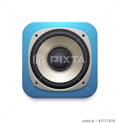 Sound speaker icon of audio music stereo system. Vector square button of musical mobile application or app, 3d blue dynamic of loudspeaker subwoofer isolated symbol, entertainment technology design 82727839