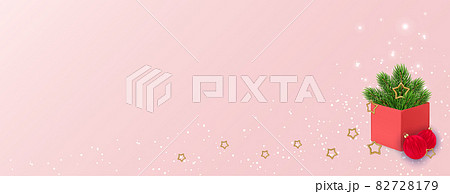 Gift box with Christmas tree branches and red christmas ball and gold star on pink background. Christmas or New Year illustration 82728179