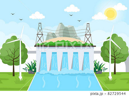Ecological Sustainable Energy Supply Background Vector Flat Illustration Power Plant Station Buildings With Solar Panels, Gas, Geothermal, Renewable, Water and Wind Turbines 82729544