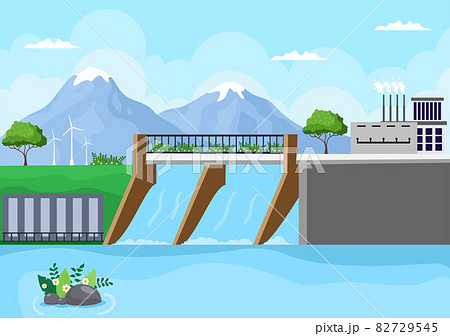 Ecological Sustainable Energy Supply Background Vector Flat Illustration Power Plant Station Buildings With Solar Panels, Gas, Geothermal, Renewable, Water and Wind Turbines 82729545