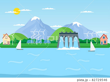 Ecological Sustainable Energy Supply Background Vector Flat Illustration Power Plant Station Buildings With Solar Panels, Gas, Geothermal, Renewable, Water and Wind Turbines 82729546
