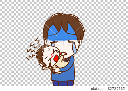 <Upper body / front> A boy who feels the limit of physical strength and energy to comfort a baby who never stops crying 82729585