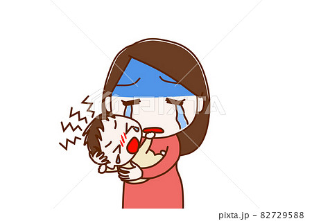 <上半身・正面>泣きやまない赤ちゃんを抱っこであやすのに体力気力の限界を感じる女性 <上半身・正面>泣きやまない赤ちゃんを抱っこであやすのに体力気力の限界を感じる女性 82729588