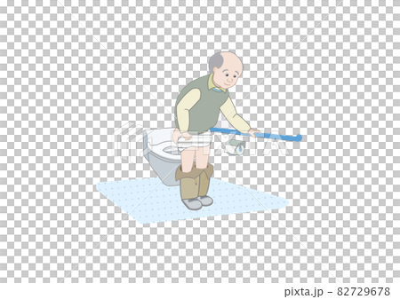 老人男性が自立排泄を手摺りのつかまりながらする様子のカラーイラスト 老人男性が自立排泄を手摺りのつかまりながらする様子のカラーイラスト 82729678
