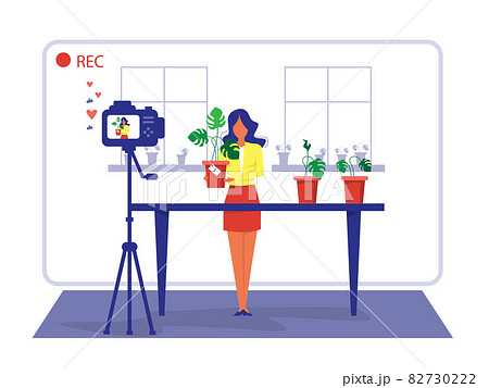 Woman Review or Selling home plant Through Live Streaming. shop online and E-Commerce Concept.Vector Woman Review or Selling home plant Through Live Streaming. shop online and E-Commerce Concept.Vector 82730222