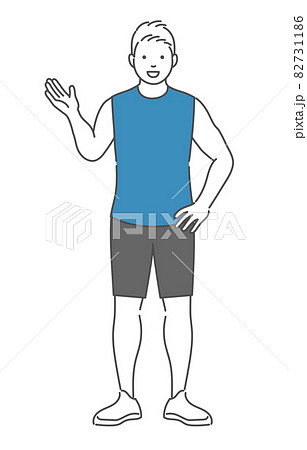 説明をする男性スポーツトレーナーのシンプルな全身イラストのイラスト素材