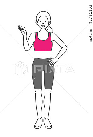 説明をする女性スポーツトレーナーのシンプルな全身イラストのイラスト素材