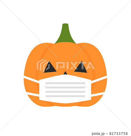 マスクを着けたハロウィンのかわいいかぼちゃのランタンの素材：秋のイベント・まん延防止イメージ 82733758