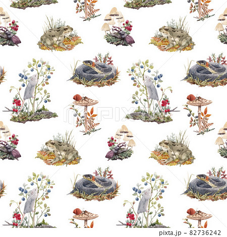 Beautiful vector seamless forest pattern with cute watercolor hand drawn wild animals snake mouse frog and berries mushrooms. Stock illustration. 82736242