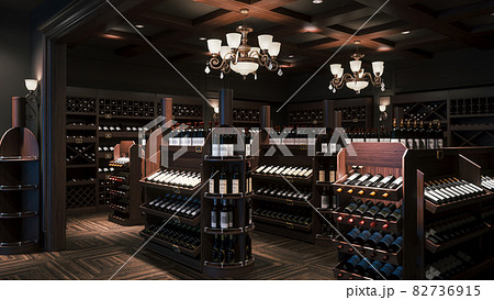 Wine store interior. Wine bottles in the wine store. Shelves with wine bottles. 3d illustration 82736915