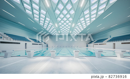Olympic swimming pool interior. Empty indoor swimming pool. Swimming pool for training. indoor sport swimming pool. 3d illustration 82736916