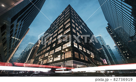 Timelapse of big city busy street in the night. Car traffic across intersections. Road traffic and skyscrapers. 3d illustration Timelapse of big city busy street in the night. Car traffic across intersections. Road traffic and skyscrapers. 3d illustration 82736919