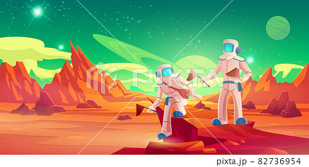 Spacemen with flags walking on Mars surface Spacemen with flags walking on Mars surface 82736954
