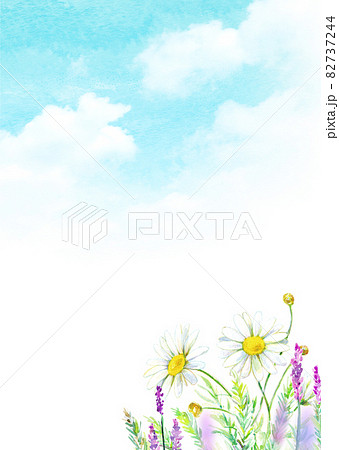 青空と花畑 水彩イラストのイラスト素材