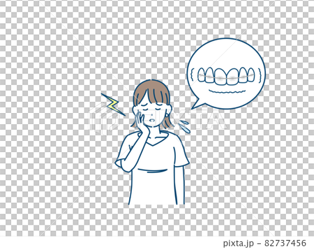 ワイヤー矯正の痛みに耐える若い女性　歯列矯正　イラスト素材 82737456