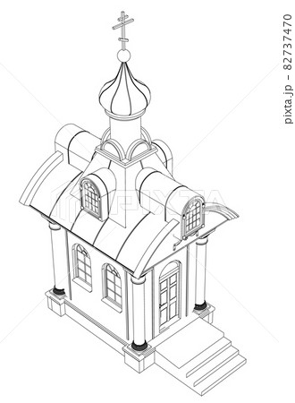 Chapel contour from black lines isolated on white background. Isometric view. Vector illustration 82737470