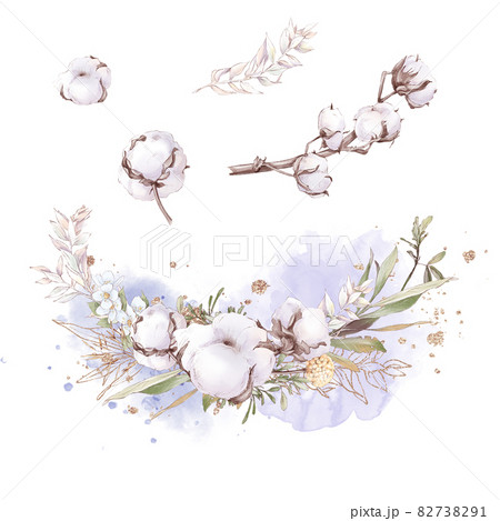 Set Of Cute Cotton Flowers Branches And Leaves のイラスト素材 7391