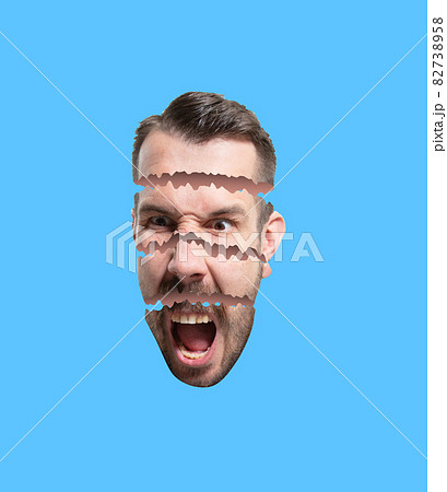 Modern design, contemporary art collage. Inspiration, idea, trendy urban magazine style. Male head splits of thoughts, feelings, emotions Modern design, contemporary art collage. Inspiration, idea, trendy urban magazine style. Male head splits of thoughts, feelings, emotions 82738958